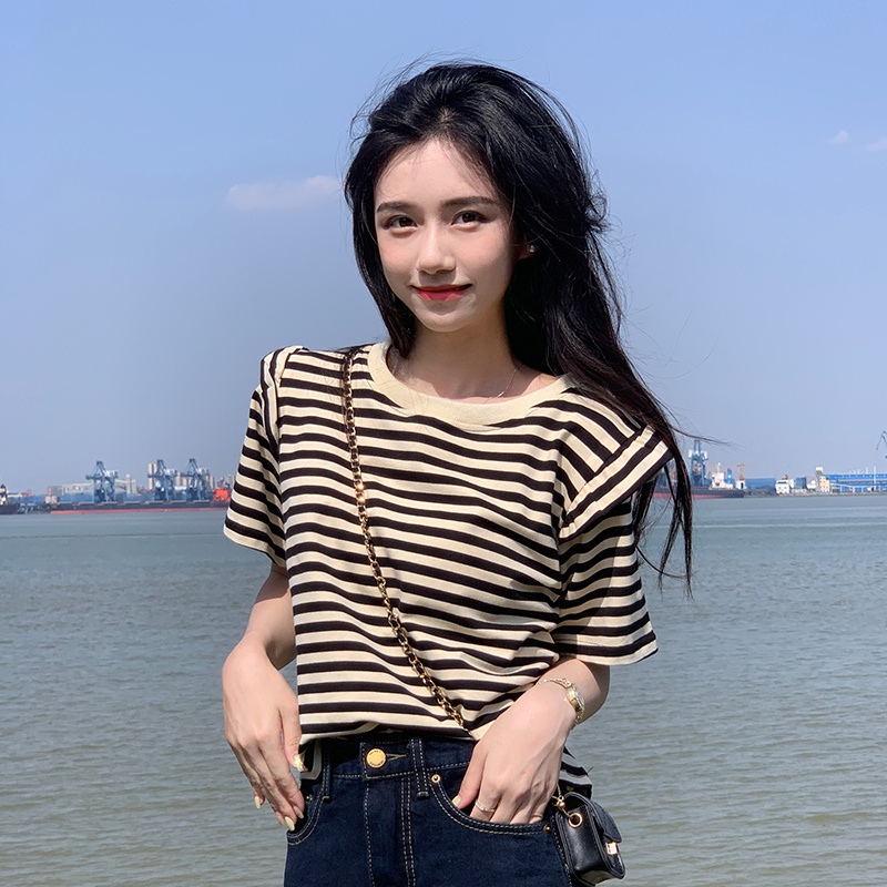 Áo thun SUXI tay ngắn cổ tròn dáng rộng họa tiết kẻ sọc thời trang cổ điển dễ phối đồ cho nữ