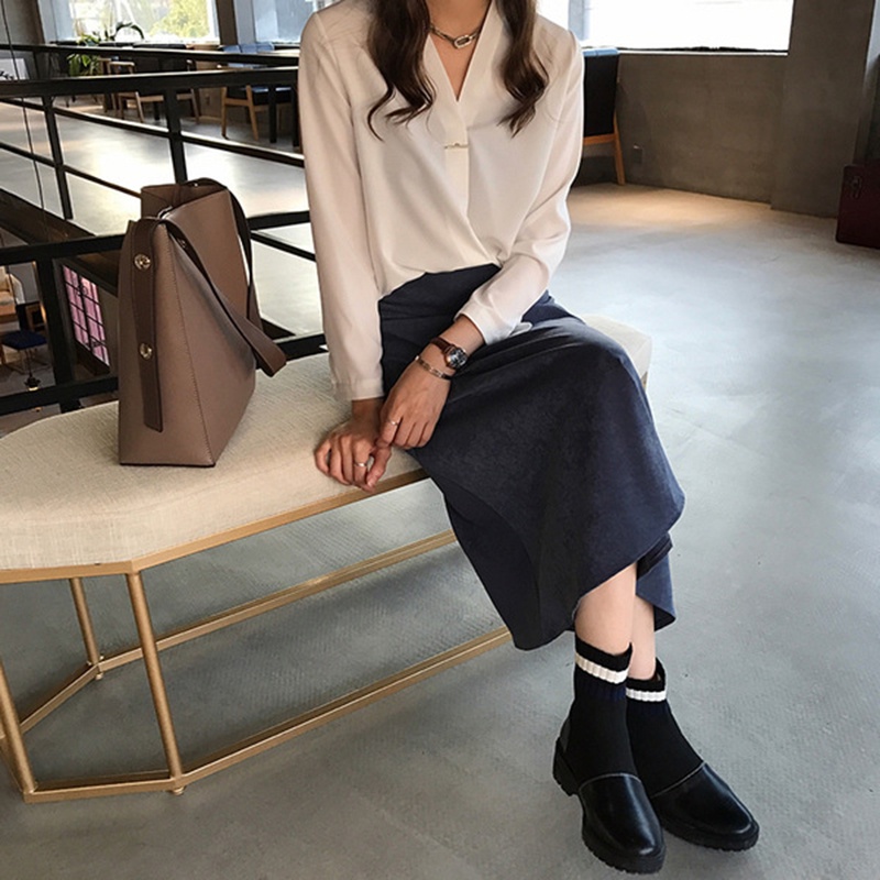 IELGY     Áo Sơ Mi Tay Dài Cổ Chữ v Thanh Lịch Cho Nữ