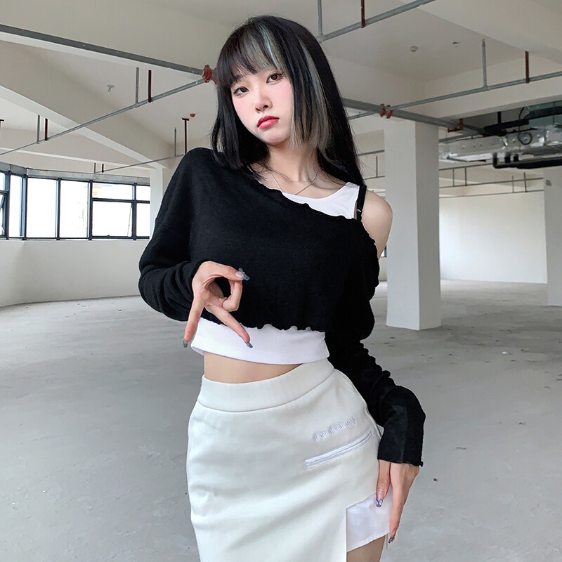 Kliou 2023 Mới Set Áo Thun Cotton Trắng Đen Tay Dài Dáng Rộng Quyến Rũ Dễ Phối Đồ Thời Trang 2023