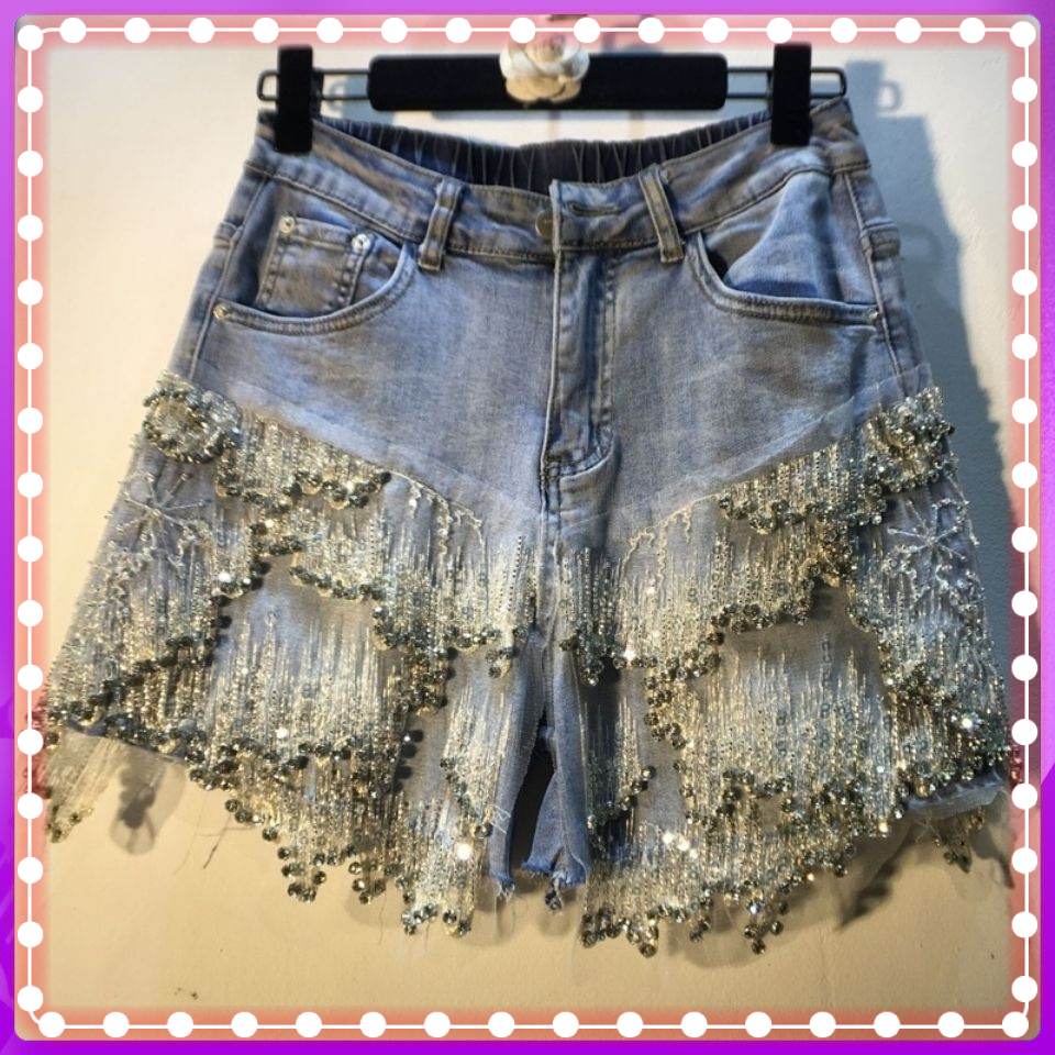 Quần Short Denim Cạp Cao Ống Rộng Đính Hạt Kim Sa Phong Cách Công Nghiệp Mùa Hè Mới 2023