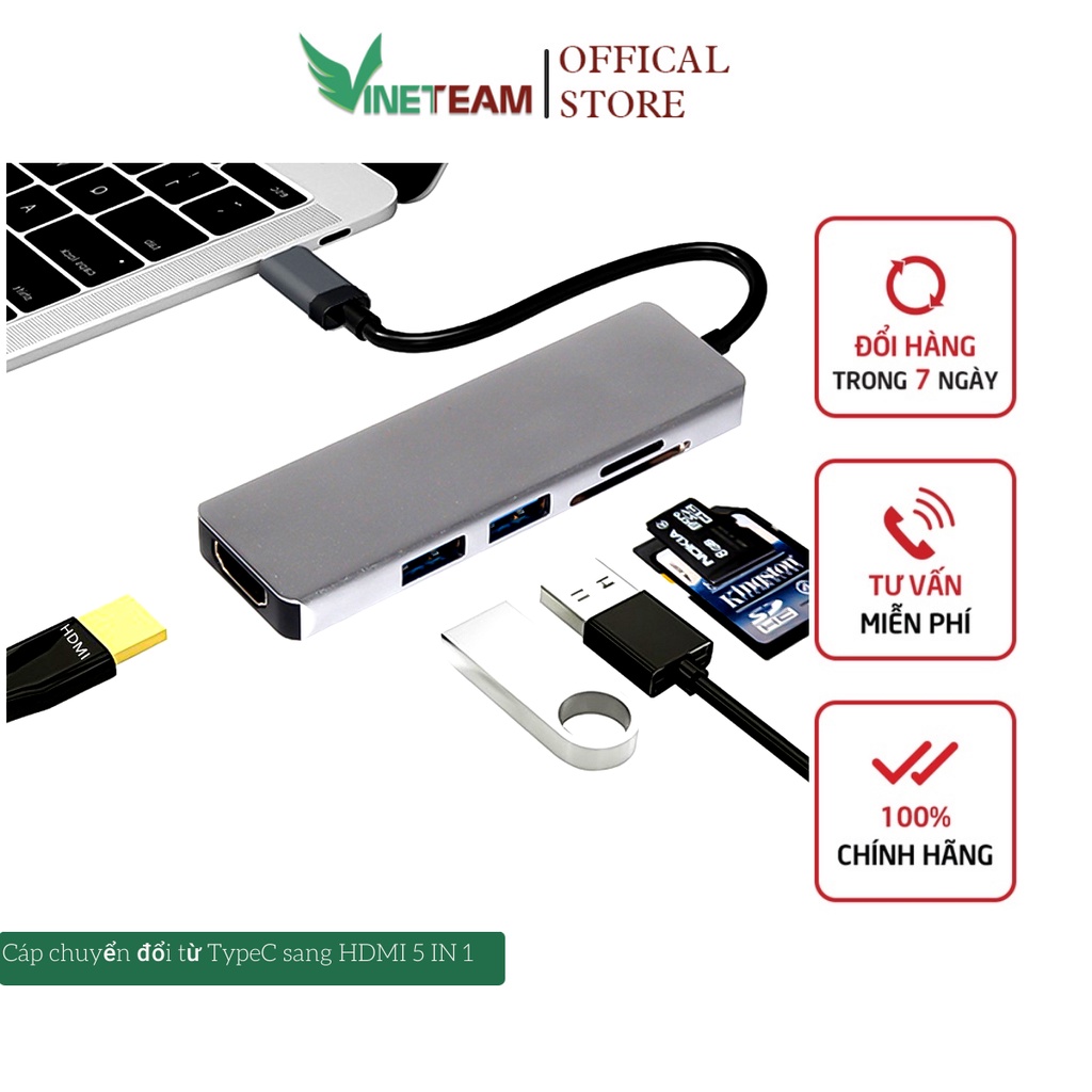 Cáp chuyển đổi từ TypeC sang HDMI 5 IN 1 Vinetteam USB 3.0 đầu đọc thẻ nhớ Type-c to HDMI hub typec -dc4978