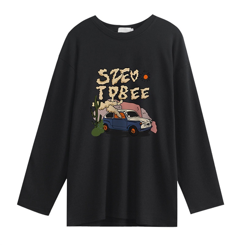 IELGY Áo Thun cotton Tay Dài Dáng Rộng In Họa Tiết Phong Cách Mỹ Thời Trang Cho Nữ