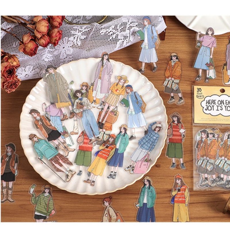 Bộ 30 Miếng Dán PET Nhân Vật Hoạt Hình Trang Trí Sổ Tay DIY