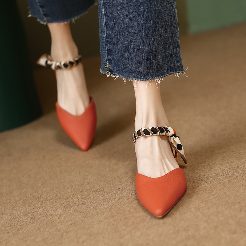 Giày Sandal Cao Gót 3cm Mũi Nhọn Hở Ngón Màu Cam Thời Trang