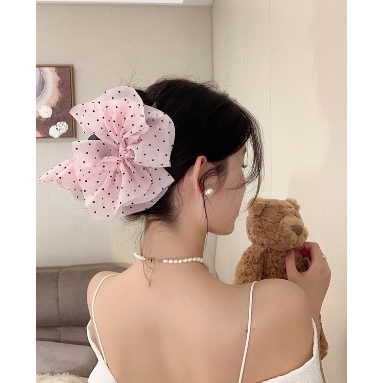 Kẹp Tóc Cá Mập Vải Gạc Chấm Bi Màu Hồng Kích Thước Lớn ins