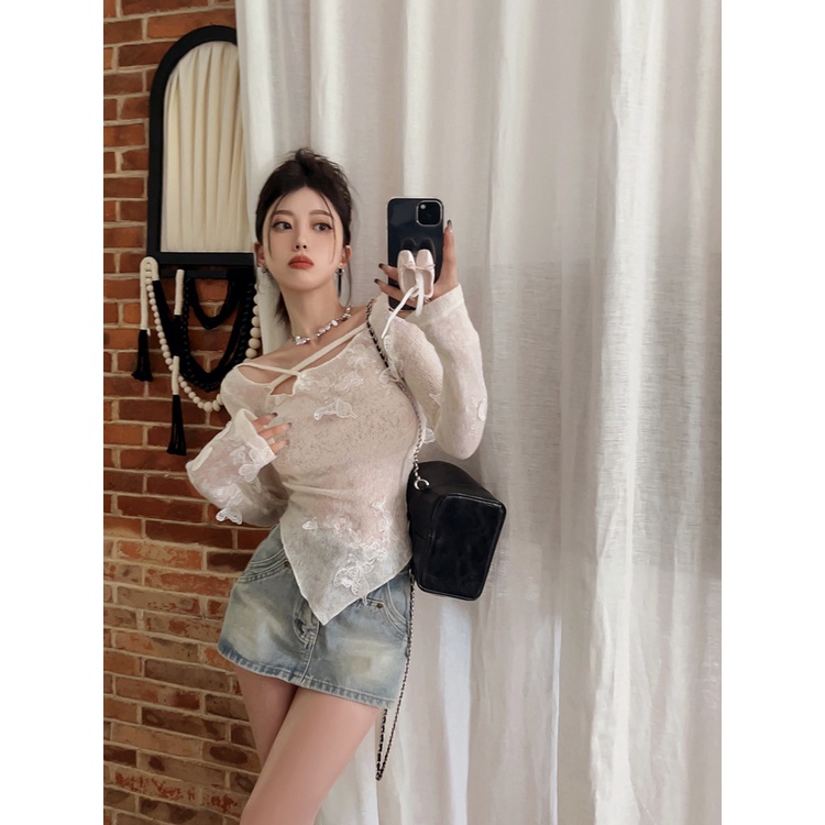 Cocory vn Áo sweater Dệt Kim Tay Dài Khoét Lỗ Phong Cách retro Quyến Rũ Cho Nữ