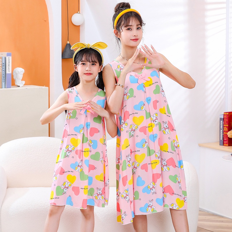 Đầm Ngủ Cotton Lụa Mỏng Không Tay Đính Nơ Dễ Thương Thời Trang Mùa Hè Dành Cho Mẹ Và Bé Gái Kích Thước 100-Xl