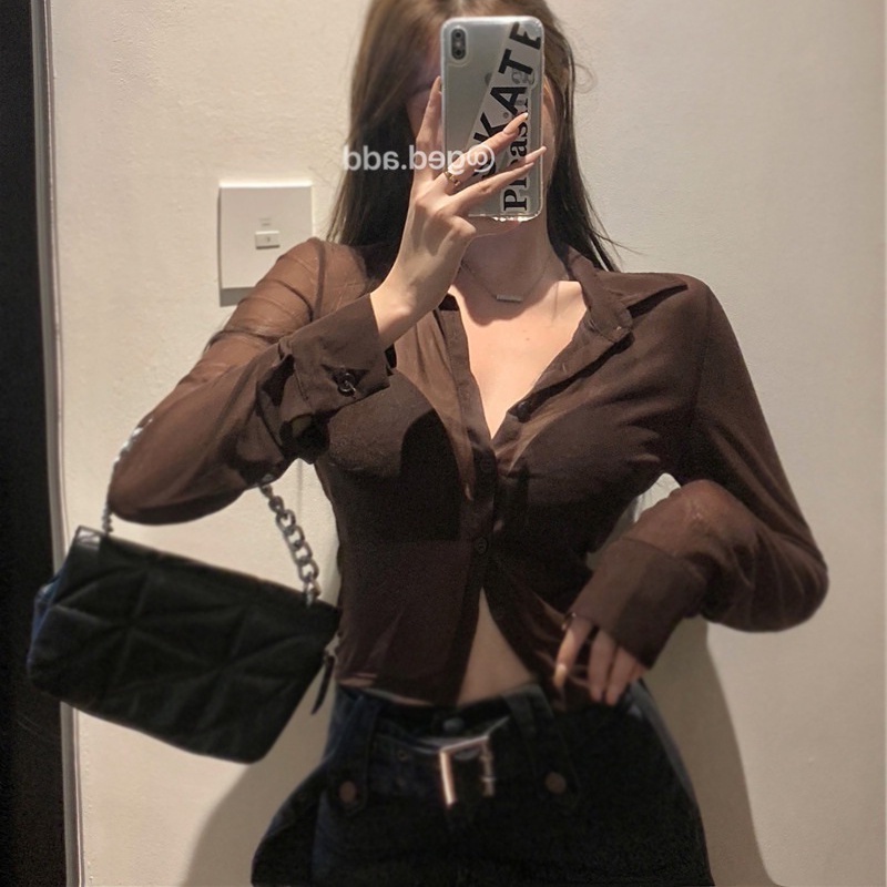 Áo Sơ Mi Màu Đen Chống Nắng Lưng Cao Dáng Ôm Trẻ Trung Quyến Rũ Dành Cho Nữ