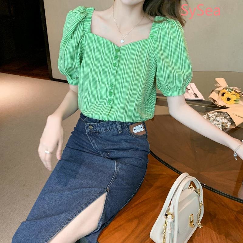 Áo Kiểu Tay Phồng Cổ Vuông Phong Cách Retro Pháp Cho Nữ