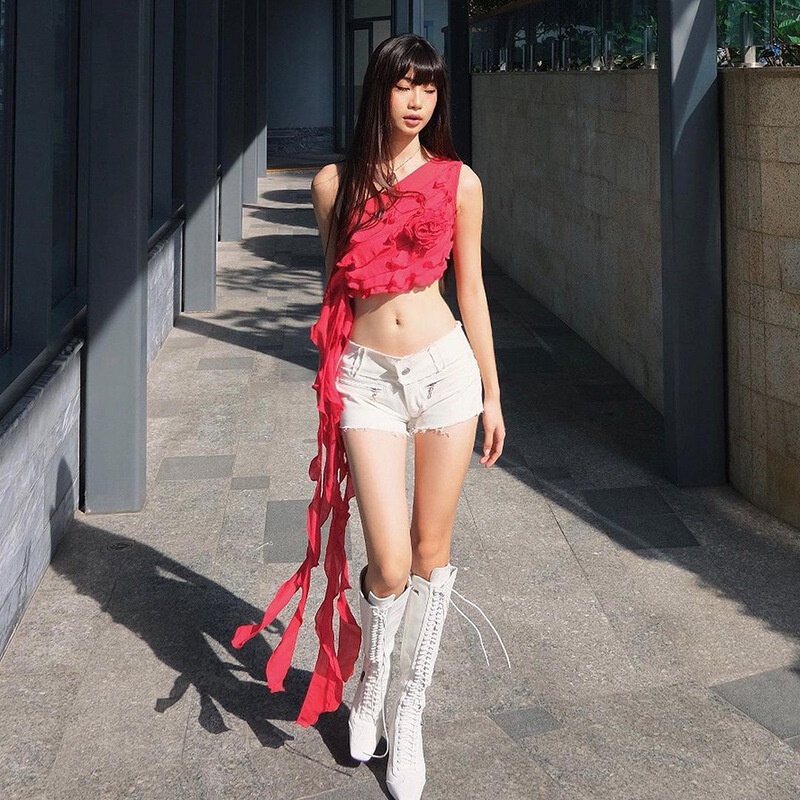Áo Hai Dây Mỏng Ghép Vải In Hoa 3D Phối Bèo Thời Trang Mùa Hè Cho Nữ Y2K