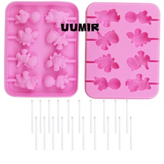 UUMIR Khuôn silicon làm kẹo mút 8 lỗ hình khủng long kèm 20 que