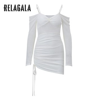 RelaGala Thời Trang Nữ Gợi Cảm Màu Trơn Đan Một Vai Dây Dài Tay Đầm