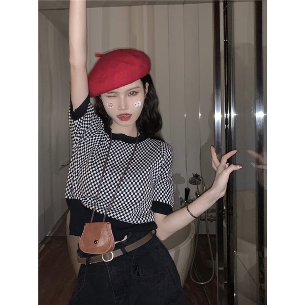 Áo Dệt Kim Ngắn Tay Họa Tiết Kẻ Sọc Màu Tương Phản Thời Trang Mùa Hè Phong Cách vintage