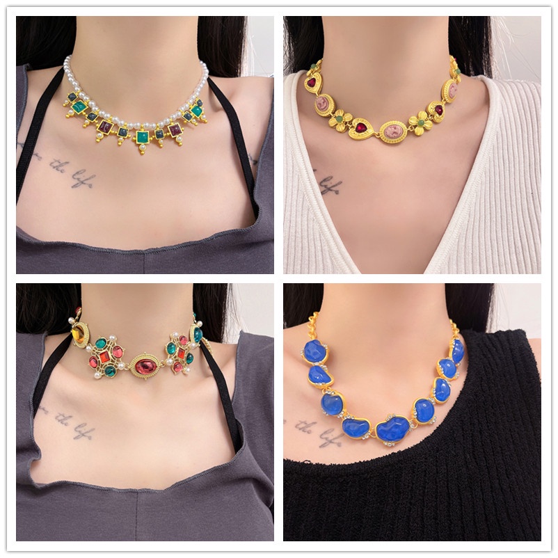 Bộ Vòng cổ + Bông Tai Đính Ngọc Trai Phong Cách Trung Cổ Sang Trọng