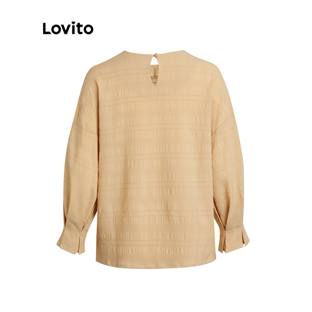 Lovito Casual Plain️ Áo Bishop nữ cổ tròn tay xếp nếp L35ED024 (Apricot)