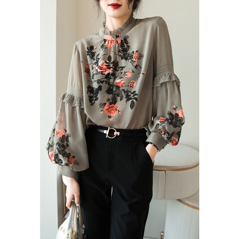 Áo Sơ Mi Tay Phồng Cổ Đứng Cỡ Lớn Thoáng Khí Thoải Mái Thời Trang Phong Cách Hàn Quốc