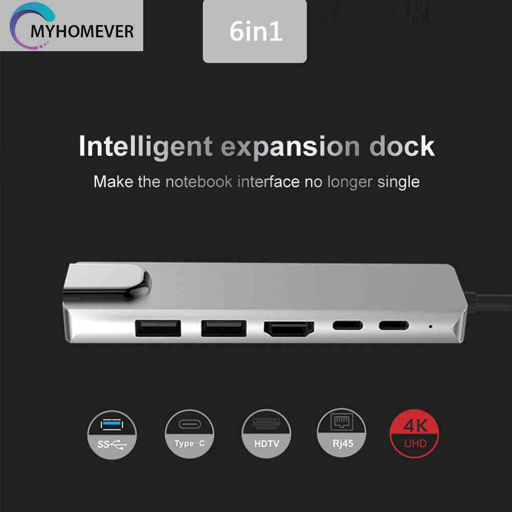 Bộ Chuyển Đổi Thẻ Mạng 6 Trong 1 USB C Sang 4K HDMI USB 3.0 2.0 PD RJ45 Cho Máy Tính