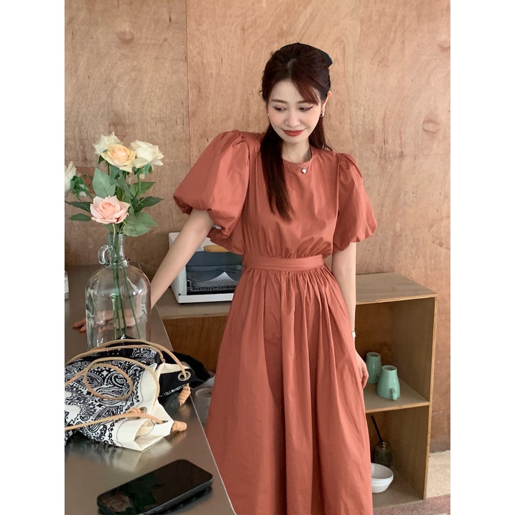 Đầm Tay Phồng Phối Nút Sau Lưng Phong Cách Vintage Cho Nữ