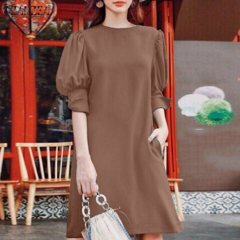 Đầm ZANZEA tay phồng cổ tròn màu trơn phong cách châu Âu thời trang cho nữ