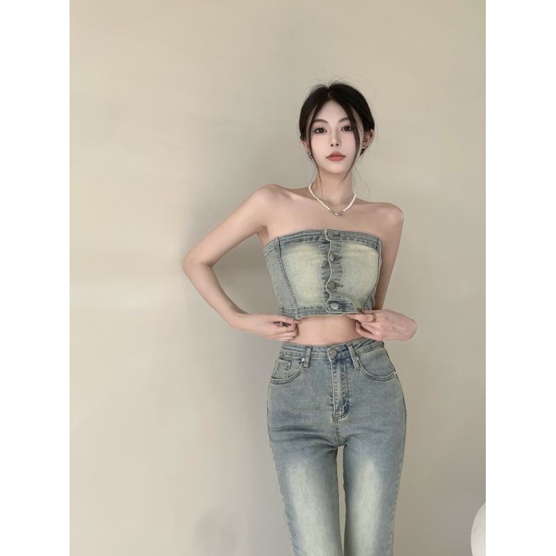 Bộ Áo Ống Ngắn Lưng Cao Phối Quần Short Denim Ống Loe Lưng Cao Kiểu Hồng Kông Thời Trang Mùa Thu Cho Nữ