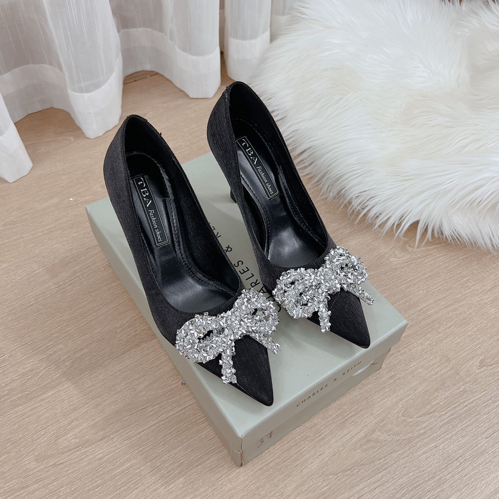 Bít gót 9p lụa xước phối nơ đá GN904