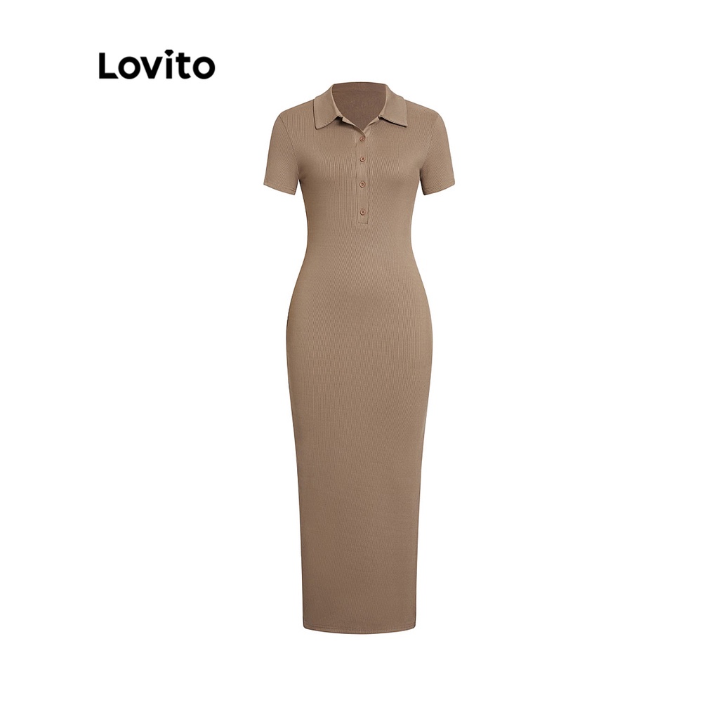 Đầm LOVITO tay ngắn cổ polo ôm dáng cắt xẻ màu trơn thường ngày L45ED021 (màu đỏ gạch đậm)