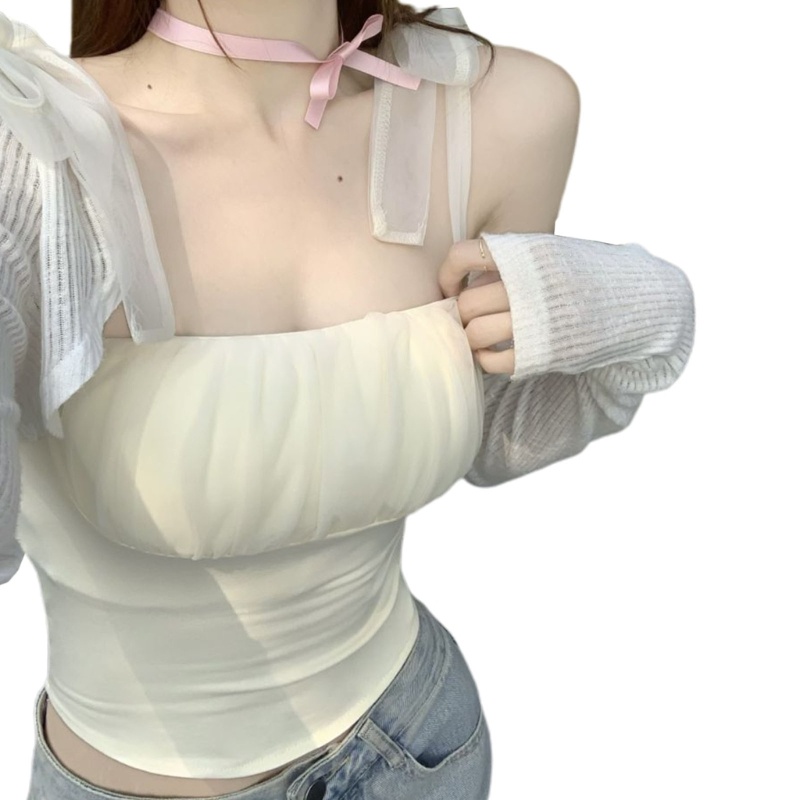 Áo Hai Dây Màu Trơn Phối Lưới Thời Trang Mùa Hè Cho Nữ