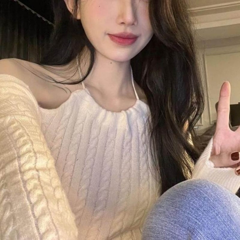 Áo Sweater Dệt Kim Trễ Vai Dáng Ôm Màu Trắng Thời Trang Quyến Rũ Cho Nữ