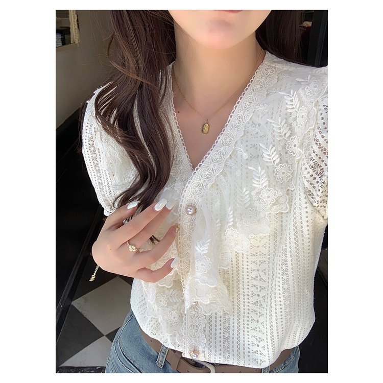 SUXI Áo Sơ Mi Nữ Tay Ngắn Cổ Chữ V Phối Ren Phong Cách Hàn Quốc Thời Trang Mùa Hè