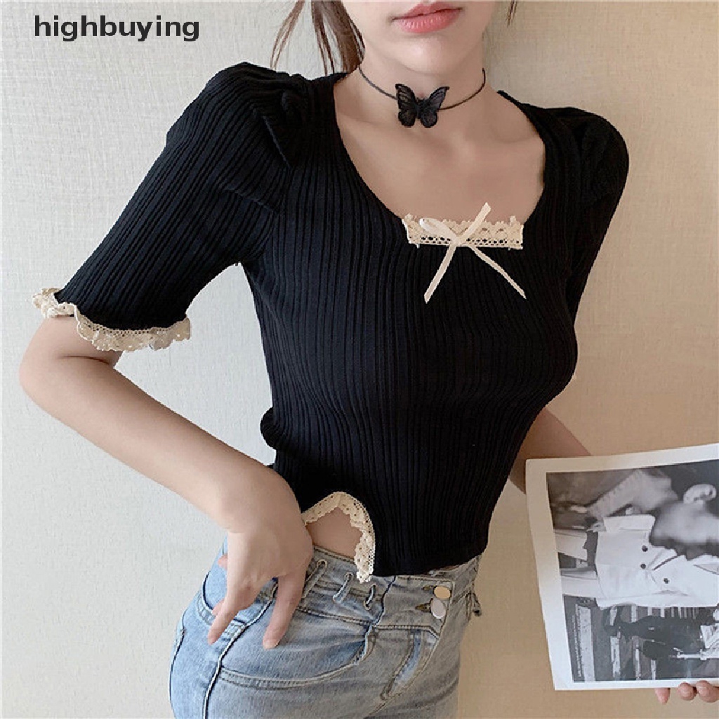 Áo Thun Croptop Dệt Kim Cổ Vuông Thắt Nơ Phong Cách Harajuku Thời Trang Mùa Hè Quyến Rũ Cho Nữ