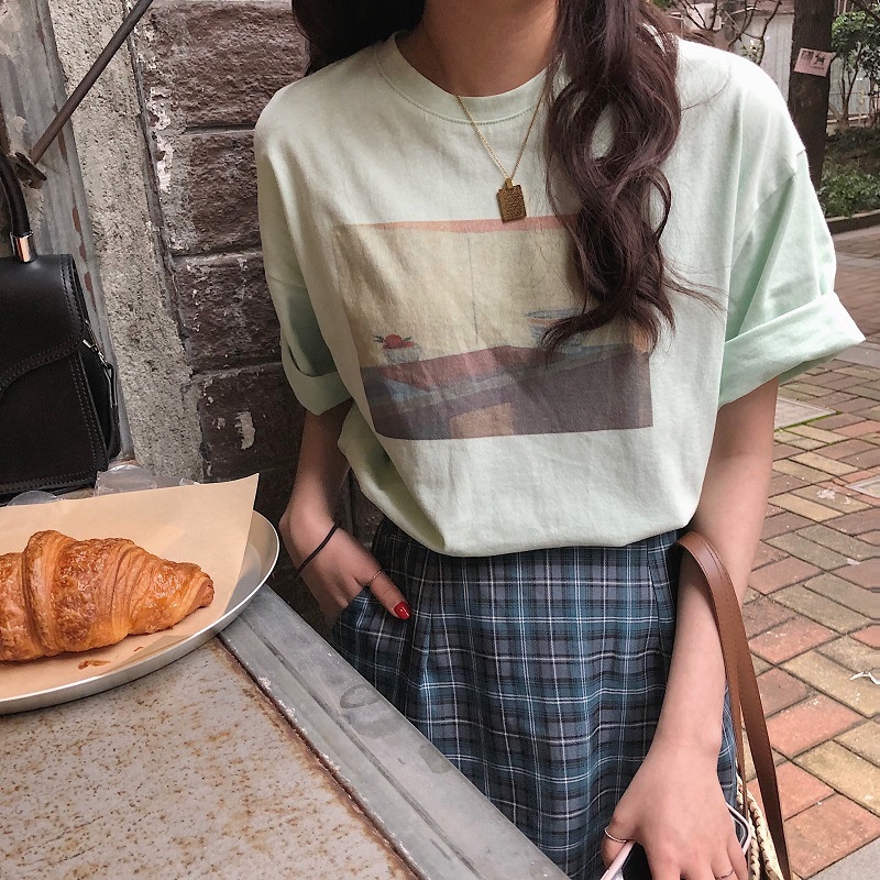 Áo Thun Nữ Ngắn Tay Cổ Tròn Thời Trang Hàn