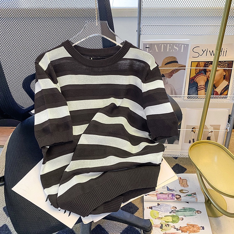 Áo Thun Dệt Kim Tay Ngắn Họa Tiết Kẻ Sọc Màu Trắng Đen Thời Trang Cho Nam Và Nữ Mã 2023