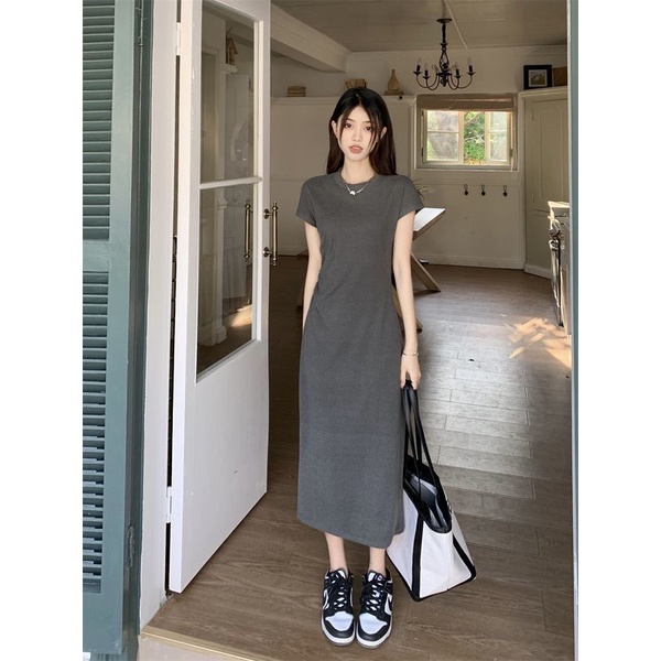 COZOK Đầm Tay Ngắn Cổ Tròn Phong Cách Hàn Quốc Thời Trang Cho Nữ