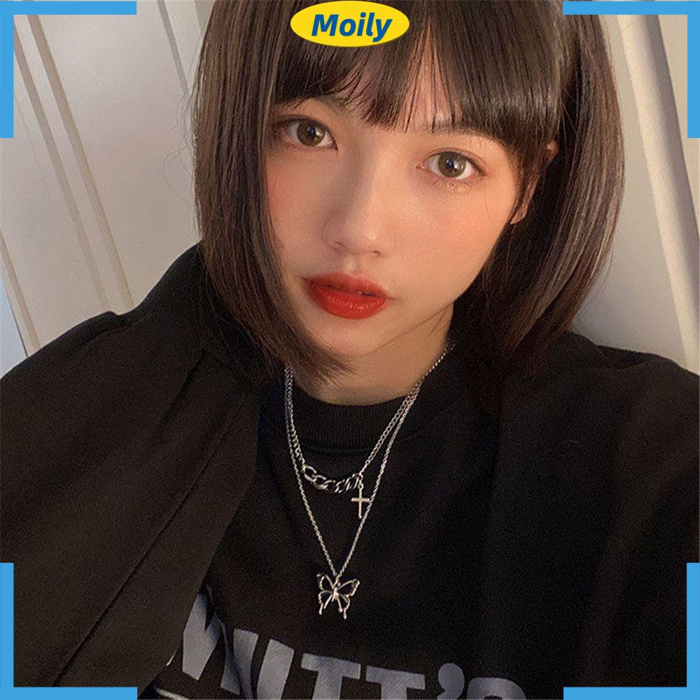 Vòng cổ nữ hai lớp phối mặt hình bướm thập giá đơn giản phong cách hiphop thời trang
