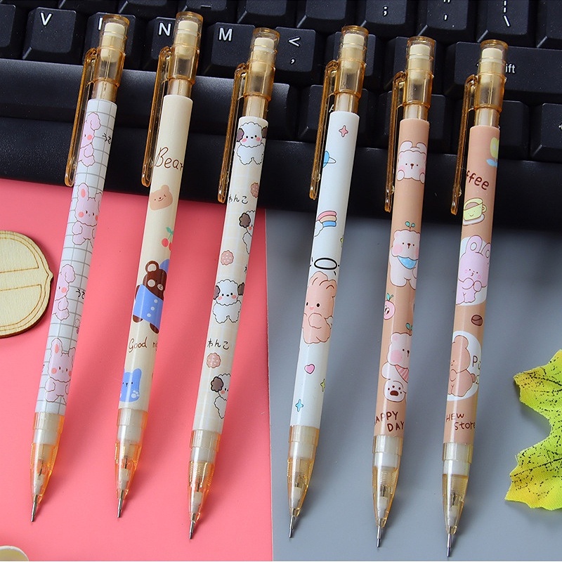 Bút Chì Bấm Mực Đen Ngòi 0.5mm Hai Trong Một Tự Động Xóa Hình Gấu / Thỏ Dễ Thương