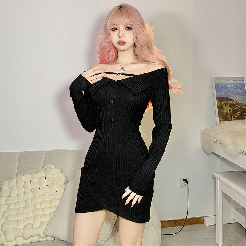 Kliou 2023 Mới Đầm Nữ Tay Dài Màu Trơn Đơn Giản Quyến Rũ Hàng Mới 2023