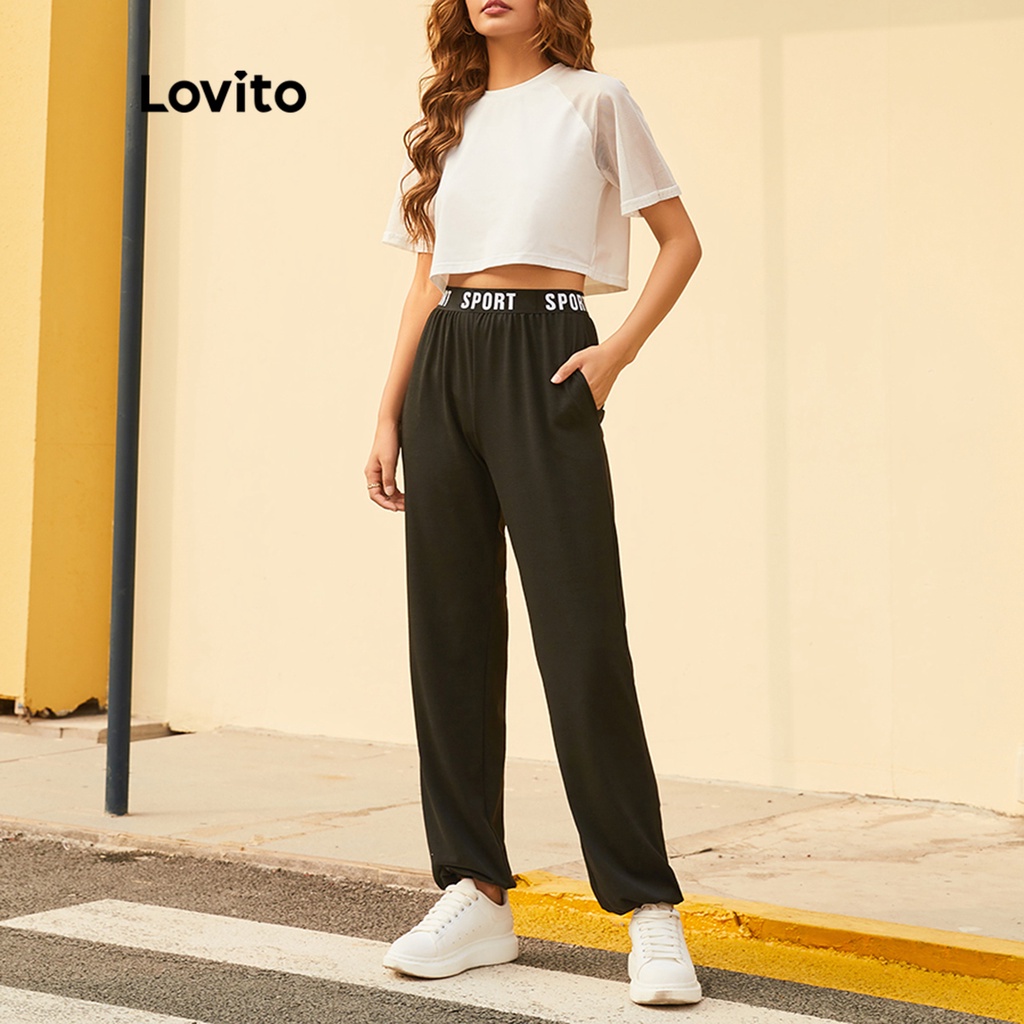 Áo thun thể thao croptop Lovito ghép nối màu sắc L14D038 (Màu trắng)