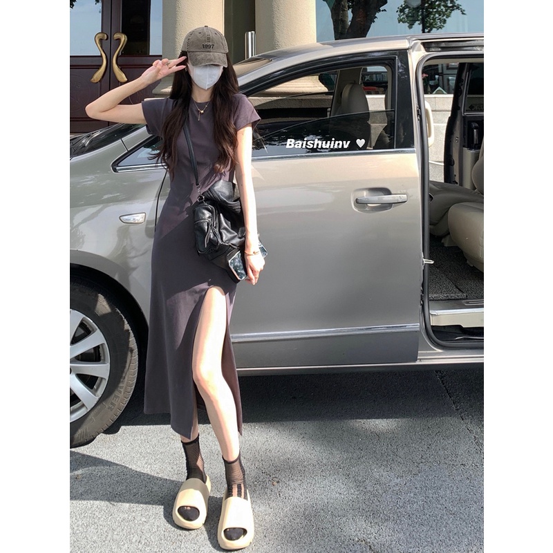 SUXI Đầm Dài Qua Gối Tay Ngắn Màu Trơn Dáng Ôm Thời Trang Mùa Hè Xinh Xắn Cho Nữ