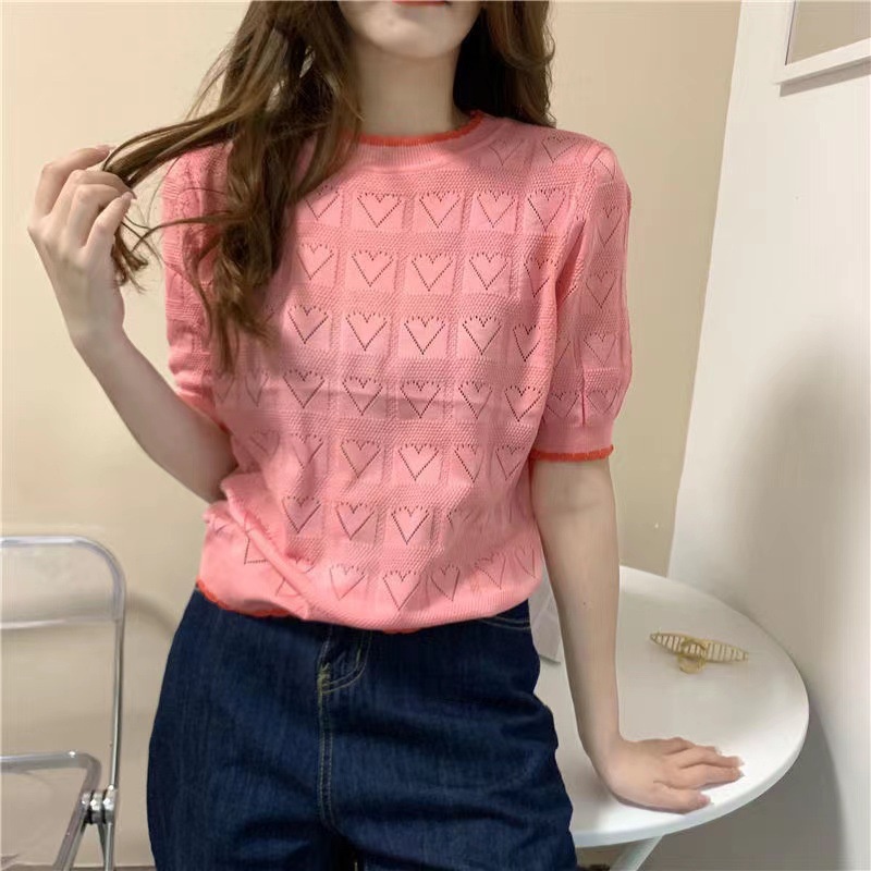 IELGY   Áo Dệt Kim Tay Ngắn Dáng Rộng In Họa Tiết Trái Tim Dễ Thương Thời Trang Cho Nữ