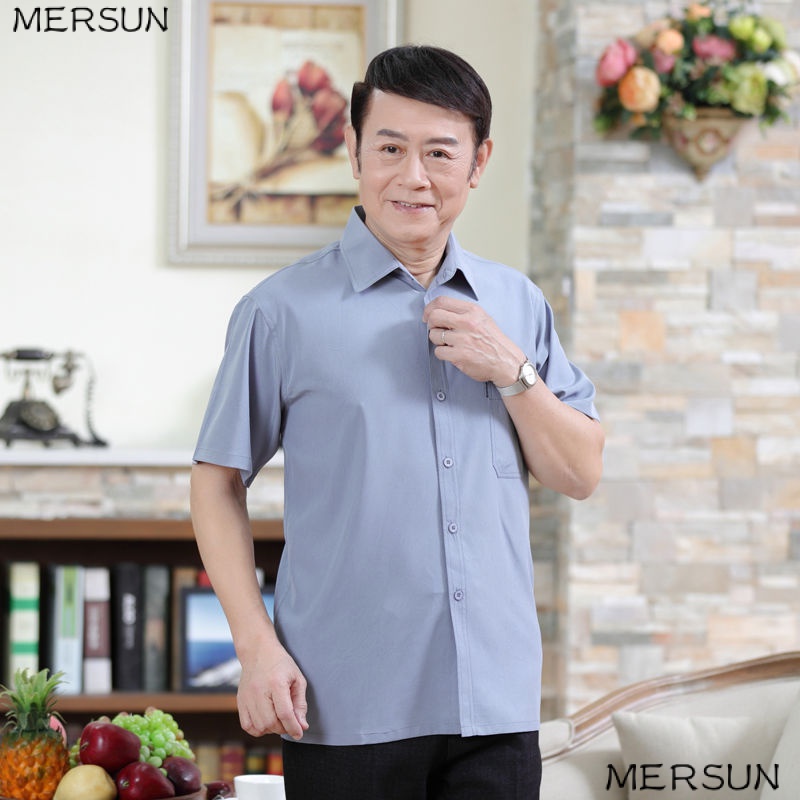 Áo Sơ Mi Chiffon Tay Ngắn Dáng Rộng Màu Trơn Thời Trang Mùa Hè 2023 Cho Nam Tuổi Trung Niên 60 70