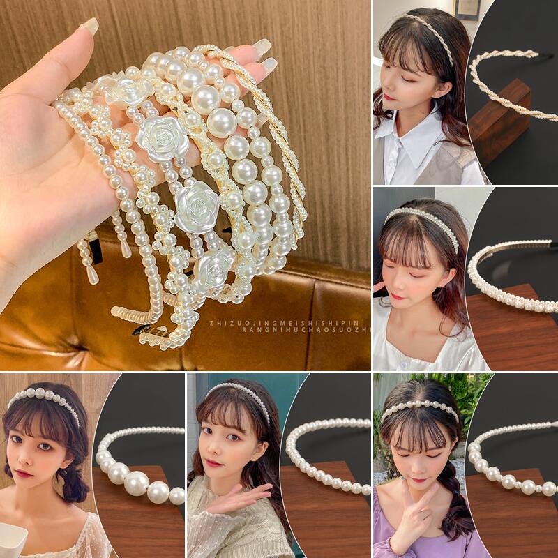 Băng Đô Cài Tóc Đính Ngọc Trai Trắng In Hoa Kiểu Công Chúa Hàn Quốc Đơn Giản Cho Bé Gái