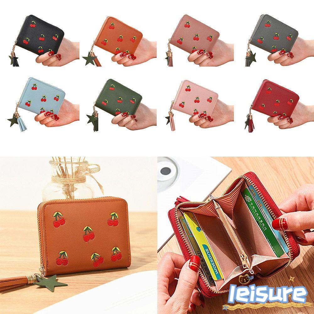 Ví Đựng Tiền Xu Mini Thêu Họa Tiết Cherry Xinh Xắn Có Khóa Kéo Giá Đỡ