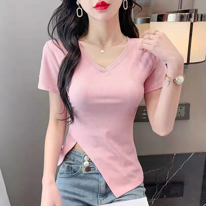 Áo Thun Mùa Hè 2023 Tay Cộc Cổ Chữ v Màu Trơn Phong Cách Mới Cho Nữ