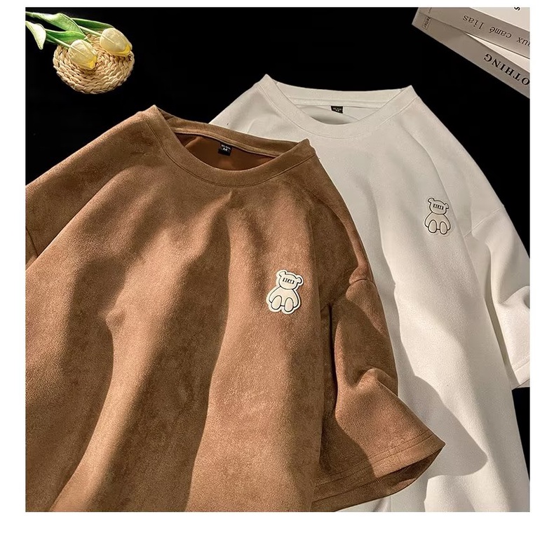 Áo Thun Tay Ngắn Dáng Rộng Chất Nhung Da Bò Phong Cách Thời Trang Đường Phố Mới