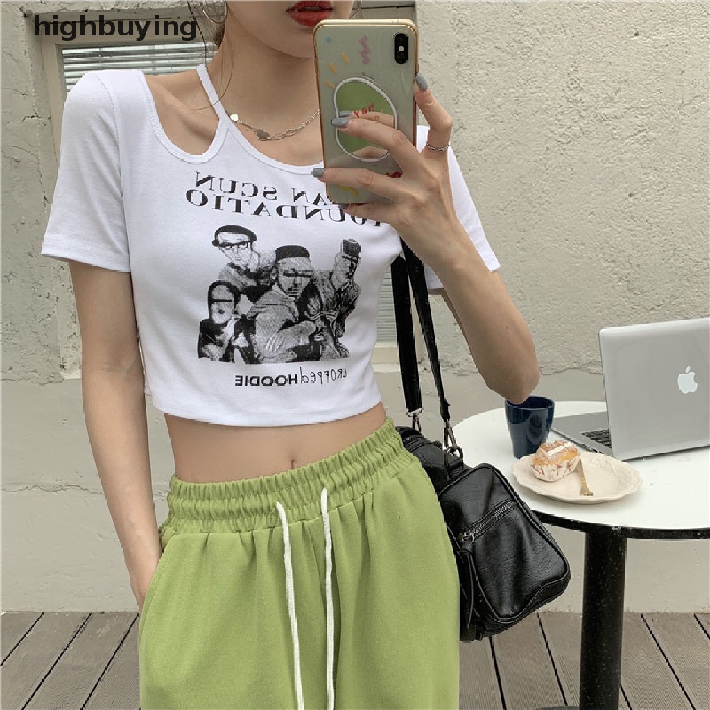 Áo Thun Lửng Ngắn Tay Cổ Tròn In Họa Tiết Phong Cách Retro Mỹ Cho Nữ