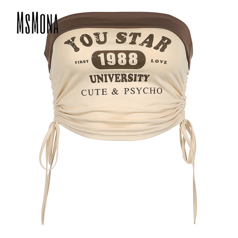 MsMona Áo Ống Mỏng Vừa Vặn Hở Vai In Chữ Màu Tương Phản Thời Trang 2023 Cho Nữ