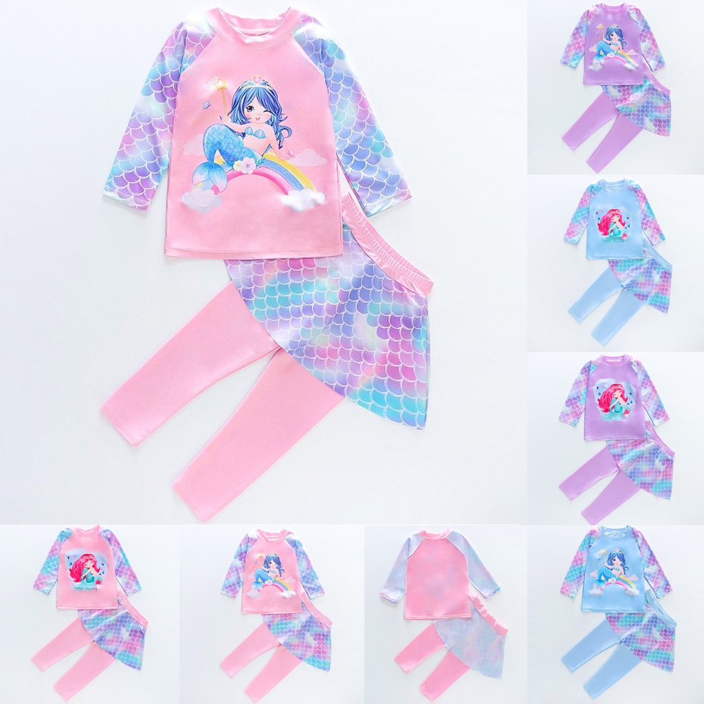 Bộ Đồ Bơi Bikini 2 Mảnh Tay Dài In Họa Tiết Nàng Tiên Cá Hoạt Hình Cho Bé Gái