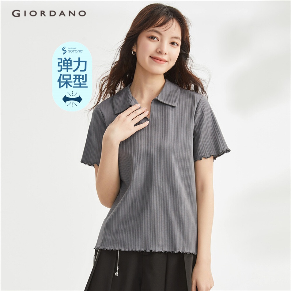 Áo polo nữ GIORDANO 05313393 chất liệu dệt kim sorona cổ chữ V tay viền bèo co giãn tốt thời trang