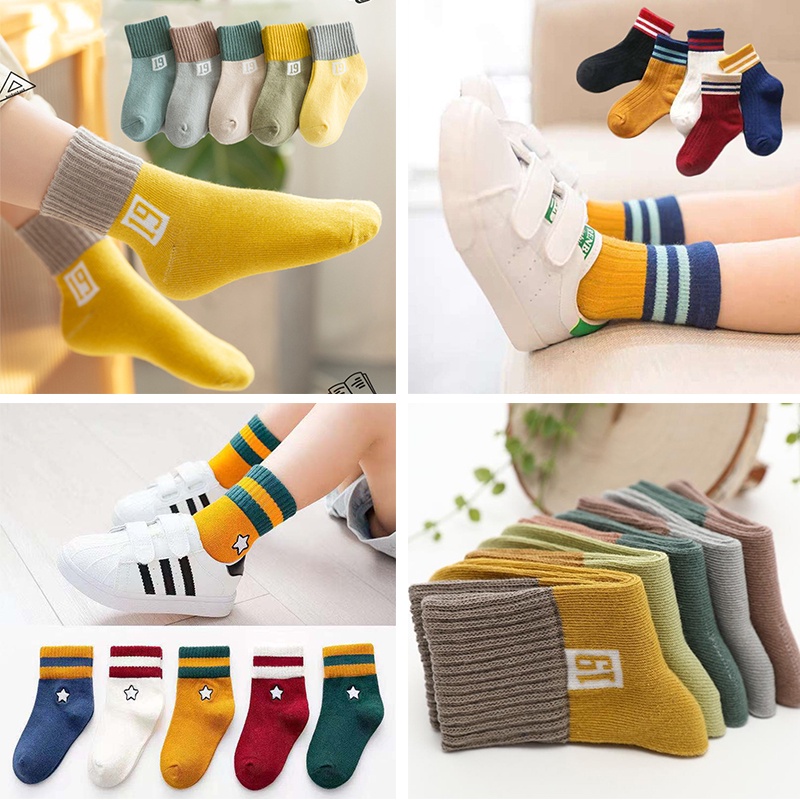 Set 5 Đôi Tất Thể Thao Chất Liệu Cotton Mềm Mại Co Giãn Hoạ Tiết Kẻ Sọc Dành Cho Bé Trai Và Bé Gái