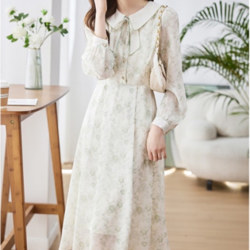 Đầm Dài Trung Bình Cổ Búp Bê Thêu Hoa Màu Sắc Tương Phản Thời Trang Mùa Xuân Cho Nữ
